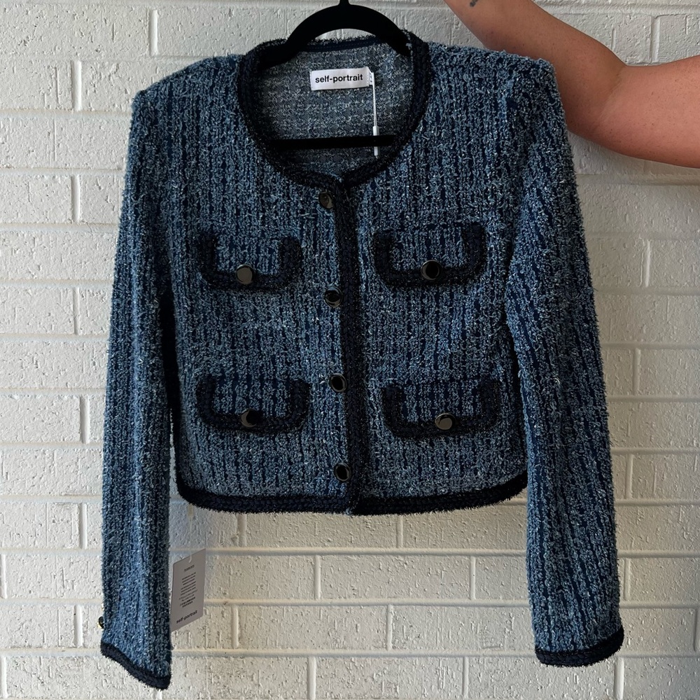 Self-Portrait Textured Denim Jacket - Beautiful Denim Blue Boucle 💙